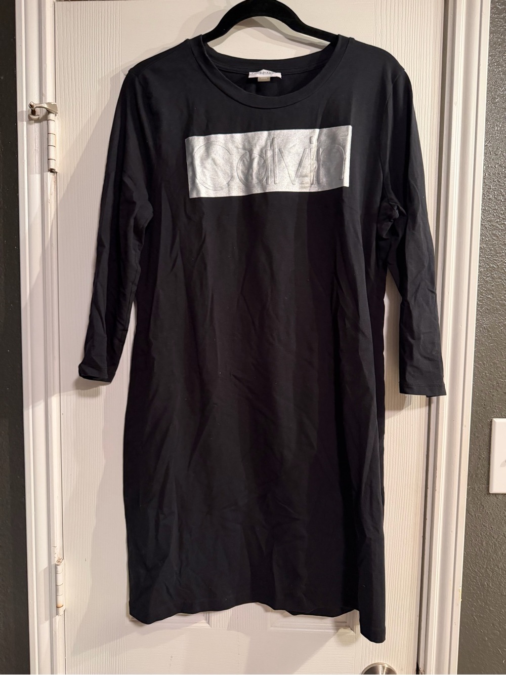 Calvin Klein Black Long Sleeve Dress with Silver Logo Panel